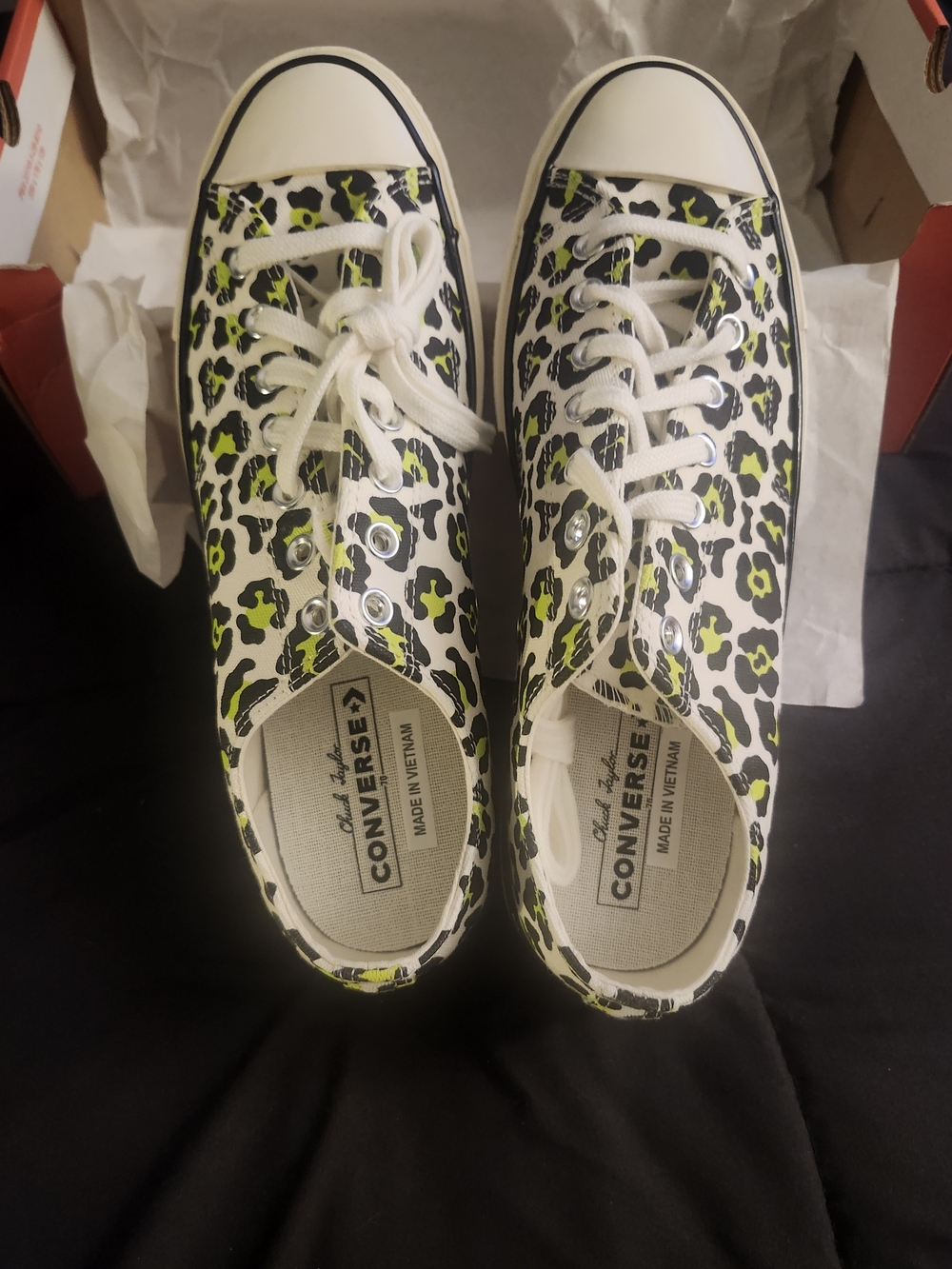Converse Low Top Sneakers - White with Black & Neon Green Leopard Print